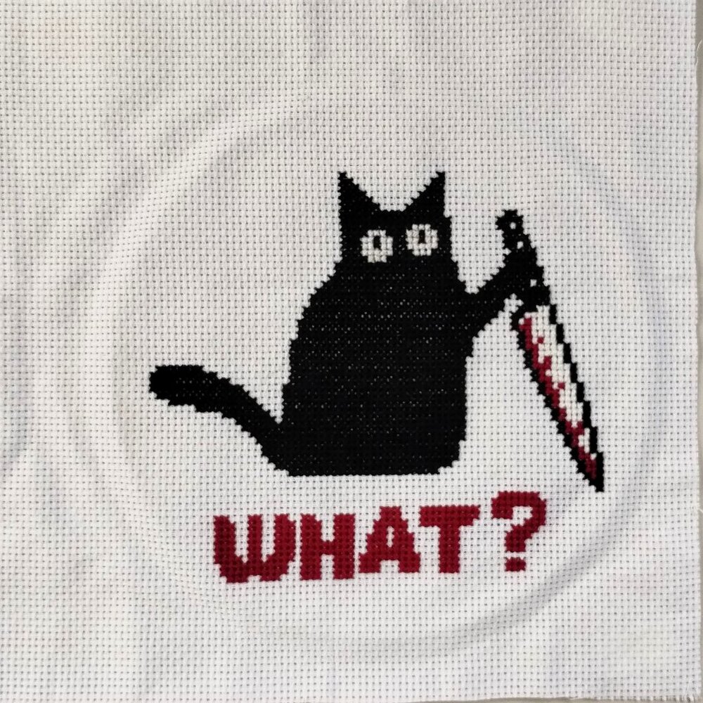 The What? Kitty, with Red Sauce /  Cross Stitch / Completed, Hand Crafted